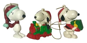 3-Peanuts Snoopy Christmas Ornament Holiday PVC Figurine Train. Present Hat - Picture 1 of 1