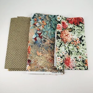 Tela Estampado Algodón 3 Piezas Faisán Estampado Diagonal y Floral 2 Yardas Total - Imagen 1 de 8
