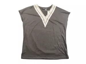 Merokeety Cap Sleeve Top Shirt Women Grey Floral Print Lace V Neck Loose Fit - Picture 1 of 10