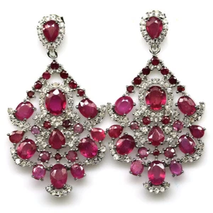 925 Sterling Silver Red Ruby & Zircon Earrings White Gold Plated - Picture 1 of 4