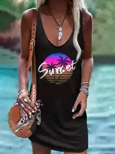Vestido sin mangas con estampado de atardecer, vestido informal sin mangas talla mediana - Imagen 1 de 5
