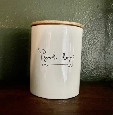 PEARHEAD Good Dog Treat Jar, Ceramic and Wood Pet Canister 4.7 Liters 4.88"L x 4.88"W