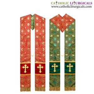 NEW Metallic Green / Red  Reversible V-Cut Priest Stole with Cross Embroidery - Picture 1 of 1
