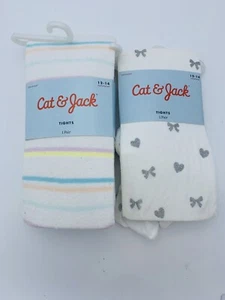 Cat & Jack Tights 2 Pair Stripe Sweater Knit White Glitter Bow Heart SZ 12-14 - Picture 1 of 12