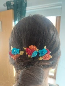 Bespoke Bridal Hairpins 3 Piece Set Orange Blue Red with Gold Leaves Stunning - Picture 1 of 17