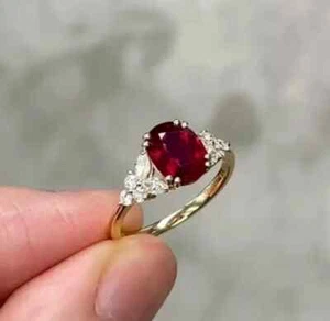 2Ct Oval Cut Lab Created Red Ruby Solitaire Women's Ring 14K Yellow Gold Plated - Picture 1 of 9