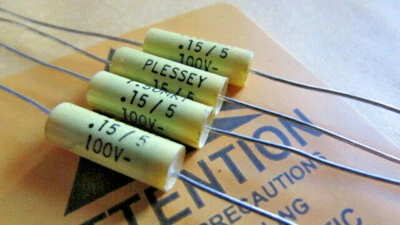 Condensador de película de poliéster metalizado axial .15uF 5 % 100 V Plessy 1,50 MKT Cantidad: 4 piezas Foto 1 de 4