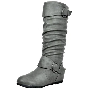 Women PU Fur Lined Low Hidden Wedge Side Zipper Knee High Boots Wide Calf Sz 11 - Picture 1 of 4