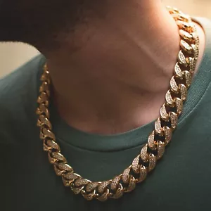 Simulated Diamond Miami Cuban Link Chain Choker Necklace 18k Yellow Gold 18mm - Picture 1 of 7