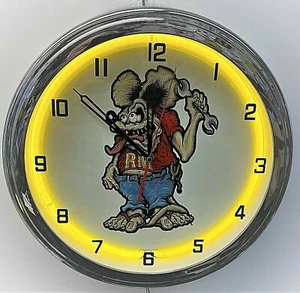 16" Rat Man Yellow Neon Wall Clock Garage Man Cave - Bild 1 von 2