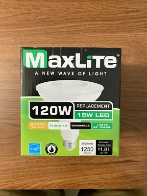 maxlite 15p38wd27fl par 38  wet rated dimmable @120 volts 15 watts 60 hz 2700k - Image 1 of 3