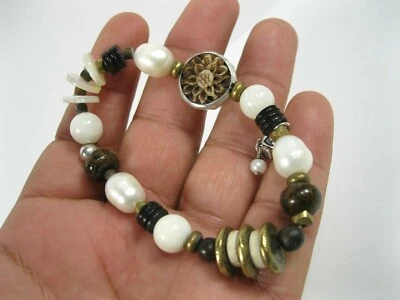 Brazalete elástico Silpada plata esterlina perla broncito madera latón B1989  Foto 1 de 4