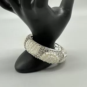 Clamper Bangle Bracelet Silver Tone White Rhinestone Beaded Statement Formal 7" - Picture 1 of 9