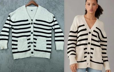 American Eagle Womens Oversized Cardigan Medium Black Stripe Slouchy Sweater LS - Image 1 of 4