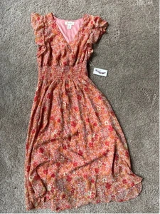 Vestido midi para mujer Jessica Simpson M coral naranja floral ajustado - Imagen 1 de 7