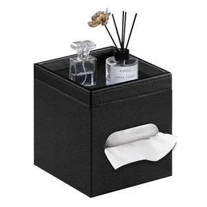 PU Leather Square Tissue Box Cover with Storage Tray - Decorative Organizer f... - Picture 1 of 7