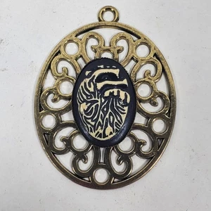 Vintage Gothic Steampunk Pendant 2 Inch Long Silver Tone w/ Black White - Picture 1 of 2