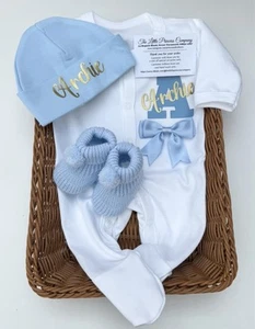 Newborn baby Boy coming Home Outfit sleepsuit Hat Booties Any Name Personalised - Picture 1 of 6
