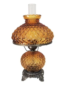 Vintage Hurricane Lamp Clear Amber Diamond Quilt - 16 1/2" - 19" Tall - Rewired - Picture 1 of 13