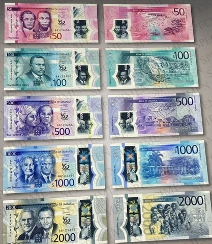 Jamaica banknotes New Polymer $50, $100, $500, $ 1000, $2000 Cover
