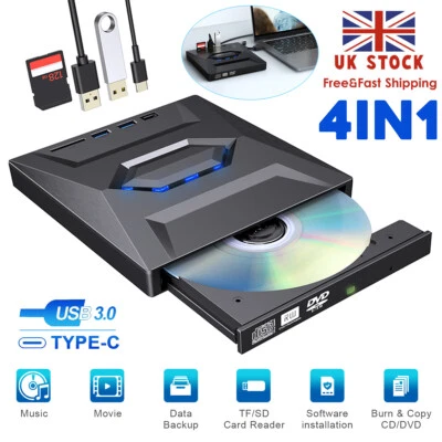 External CD/DVD Drive USB3.0 Type-C ROM Disc Player Burner Reader for Laptop PC