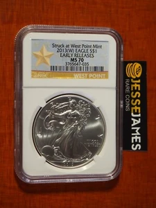 2013 (W) $1 AMERICAN SILVER EAGLE NGC MS70 ER STRUCK AT WEST POINT GOLD STAR - Picture 1 of 2