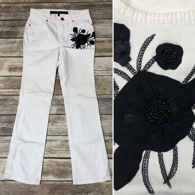 Jeans Escada Sport 38 branco floral enfeitado perna reta Linda cintura alta EUA 6 - Imagem 1 de 4