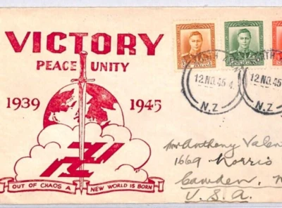 NUEVA ZELANDA SEGUNDA GUERRA MUNDIAL *V PARA VICTORIA Cubierta Ilustrada North Avon EE. UU. Camden 1945 YO99 Foto 1 de 4