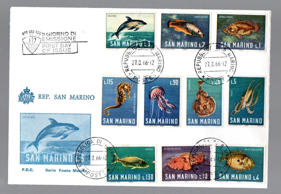 San Marino 1966 set Fish/Sealife stamps (Michel 869/78) nice used on FDC - Image 1 of 1