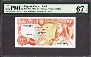 Cyprus 50 Cents 1.10.1988 Pick-52 SUPERB GEM UNC PMG 67 EPQ - Picture 1 of 2