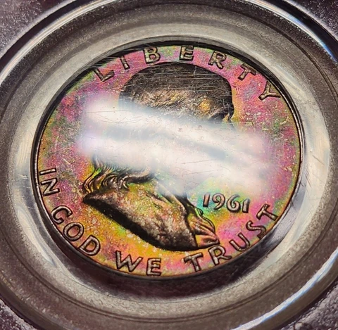 1961 D Franklin Half Dollar PCGS MS65 Incredibe Rainbow Toned Older Holder Cover