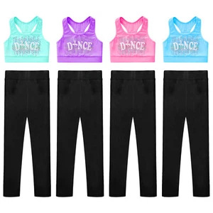 Girls Sport Outfit Sleeveless Crop Top And Leggings Elastic Waistband Dancewear - Picture 1 of 36