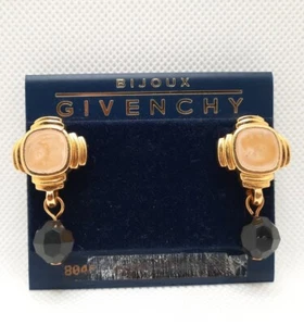 Vintage Bijoux Givenchy Gold Toned Marbled Fauceted Black Bead Pierced Earrings - Picture 1 of 7