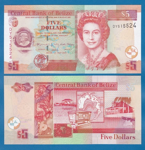 Belize 5 Dollars P 67h New date 2020 UNC ( P 67 h ) Queen Elizabeth II Cover