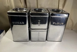 Juego de 4 latas de almacenamiento de cocina de colección cromadas plateadas MCM azúcar harina de té - Imagen 1 de 8