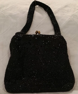 Bolso de Noche Vintage Mid-Century Bélgica Negro Semilla Cuentas con Correa de Cuentas Foto 1 de 4