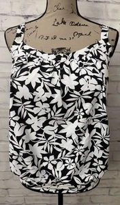 Lands' End 10DD Blouson Tankini Top Swimsuit Black White Leaves Slimming New - Picture 1 of 9