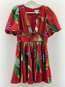 House Of Harlow rot Blumen Palmen Leinenmischung Puffärmel Fit Flare Minikleid 6 - Bild 1 von 13