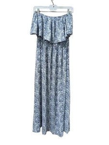 Yidarton Maxi Dress Ruffle Strapless Blue Print Boho Peasant Large Elastic Waist - Picture 1 of 11