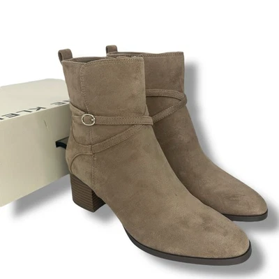 NEW Anne Klein Tan Bootie Size 7.5 Beige Suede Strappy Buckle Heeled Ankle Boot - Image 1 of 4