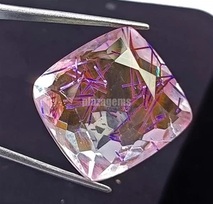 76.25 Ct Natural Purple Rutilated Quartz Cushion Cut Beautiful Genuine Gems 5AOF - Picture 1 of 6