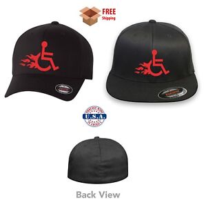 FUNNY Handicapped FLAME WHEELCHAIR FLEXFIT HAT *FREE SHIPPING in BOX*