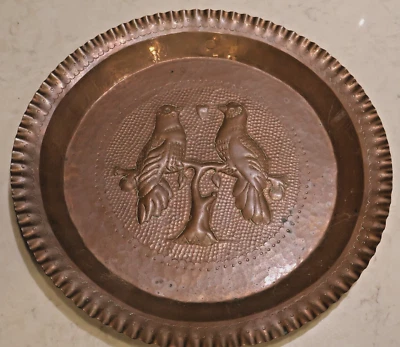 Round Copper 12" Tray Waller Art  FOLK ART BIRD PLATE Patina Ruffled Edge - Image 1 of 4