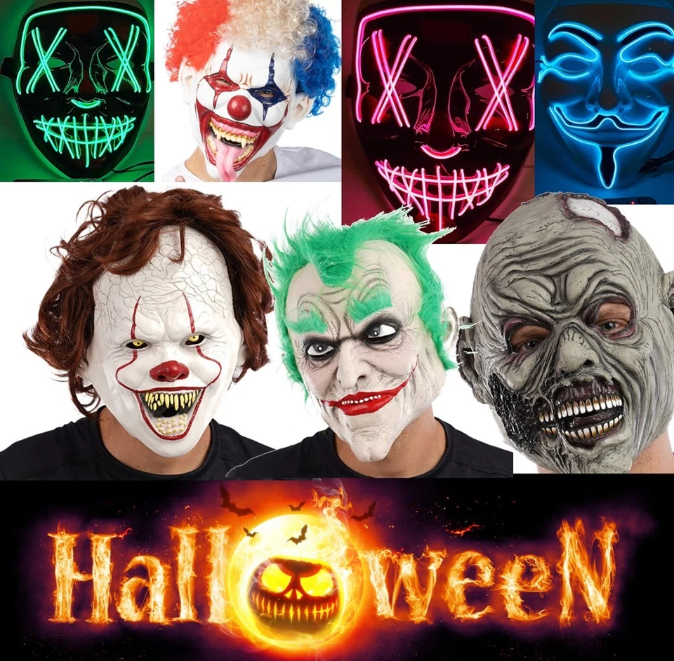 Halloween Masken LED Grusel Grusel Kostüm Latex Clown Maske - Bild 1 von 1