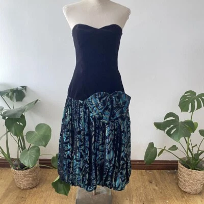 Vestido midi bandeau sirena metálico terciopelo negro años 80 sujetador graduación cóctel 8 Foto 1 de 4