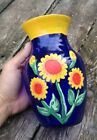 Mexican Hand Painted Cobalt Blue Glass Vase Vibrant Sunflowers 8"X5"
