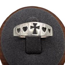 Vtg Silver Tone Christian Cross Hearts Pierced Cutout Ring Sz 8.75 Marked SE 925