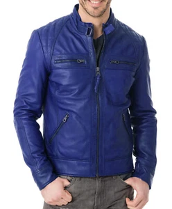 New Men's Genuine Lambskin Leather Biker Jacket Slim Fit Motorcycle BlueJacket - Picture 1 of 4