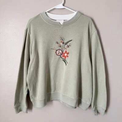 Studio Works Floral Embroidered Sweatshirt Womens 1X Cottagecore Grandma Green - Image 1 of 4