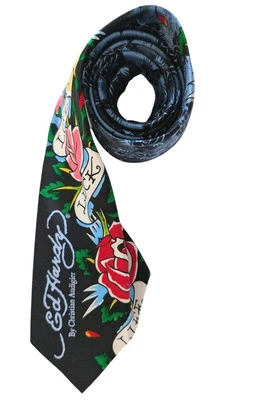 Corbata de seda vintage Ed Hardy para hombre Y2K Christian Audigier rosas tatuaje negro y azul  Foto 1 de 4
